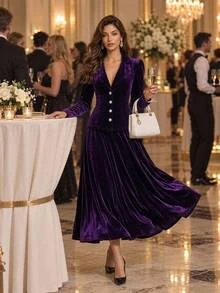 Editum Women's Solid Color Single-Breasted Jacket And Skirt Elegant Suit Set - Purple - View 3