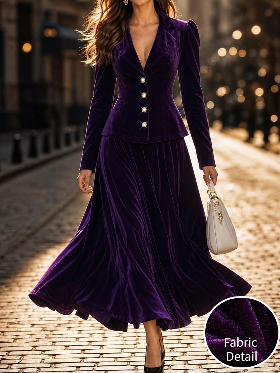 Editum Women's Solid Color Single-Breasted Jacket And Skirt Elegant Suit Set