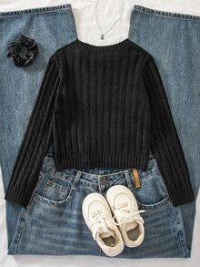 SHEIN Girls' Black Round Neck Knitted Pullover Sweater, 3D Mesh Bow Short Cable Knit Top, Loose Long Sleeve Inner Layer, Autumn/Winter Tween Girl' Top - Black - View 2