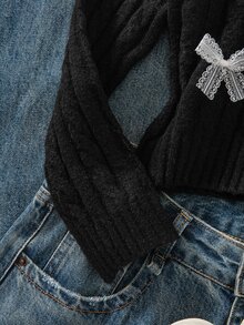 SHEIN Girls' Black Round Neck Knitted Pullover Sweater, 3D Mesh Bow Short Cable Knit Top, Loose Long Sleeve Inner Layer, Autumn/Winter Tween Girl' Top - Black - View 5