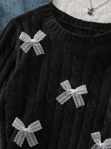 SHEIN Girls' Black Round Neck Knitted Pullover Sweater, 3D Mesh Bow Short Cable Knit Top, Loose Long Sleeve Inner Layer, Autumn/Winter Tween Girl' Top - Black - View 4