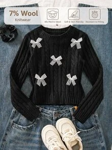 SHEIN Girls' Black Round Neck Knitted Pullover Sweater, 3D Mesh Bow Short Cable Knit Top, Loose Long Sleeve Inner Layer, Autumn/Winter Tween Girl' Top - Black - View 8
