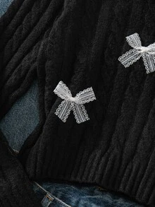 SHEIN Girls' Black Round Neck Knitted Pullover Sweater, 3D Mesh Bow Short Cable Knit Top, Loose Long Sleeve Inner Layer, Autumn/Winter Tween Girl' Top - Black - View 7
