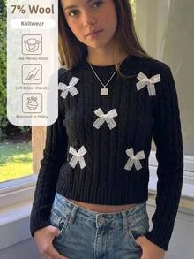 SHEIN Girls' Black Round Neck Knitted Pullover Sweater, 3D Mesh Bow Short Cable Knit Top, Loose Long Sleeve Inner Layer, Autumn/Winter Tween Girl' Top - Black - View 1