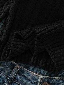 SHEIN Girls' Black Round Neck Knitted Pullover Sweater, 3D Mesh Bow Short Cable Knit Top, Loose Long Sleeve Inner Layer, Autumn/Winter Tween Girl' Top - Black - View 6