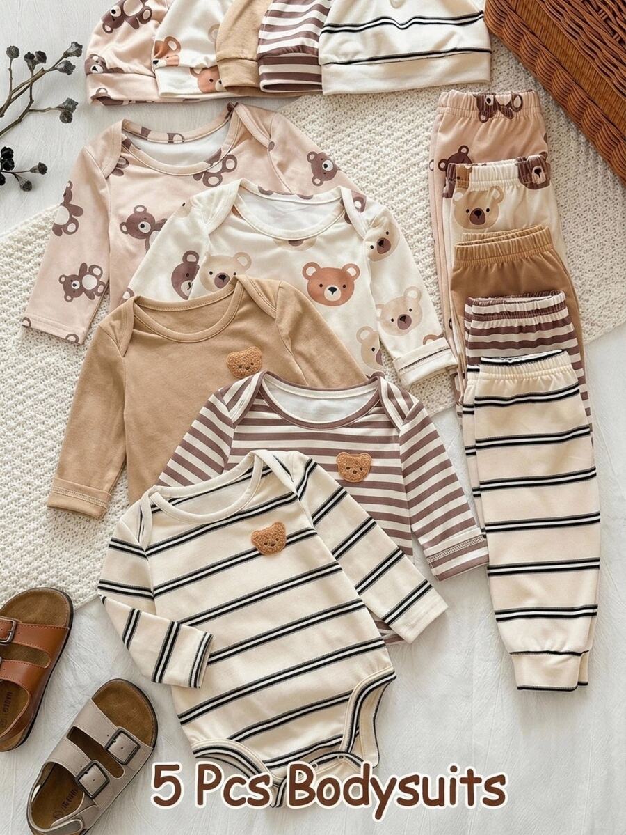 SHEIN 中性新生兒男嬰/女嬰 5件組秋冬可愛熊圖案長袖連身衣套裝 嬰兒冬季連身衣套裝聖誕款 - 卡其色 - 查看 1