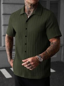 Manfinity CasualCool 男士純色短袖單排扣襯衫，街頭風，休閒，夏季 - 綠色 - 查看 6