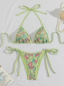Costavie 2pcs Spring/Summer Vacation Sequin Textured Fabric Halter Triangle Bikini Top And Side Tie Bikini Bottom Sexy Women's Swimwear Set - Mint Green - View 7