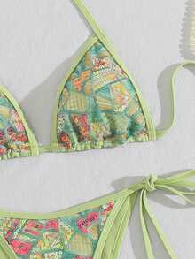 Costavie 2pcs Spring/Summer Vacation Sequin Textured Fabric Halter Triangle Bikini Top And Side Tie Bikini Bottom Sexy Women's Swimwear Set - Mint Green - View 6