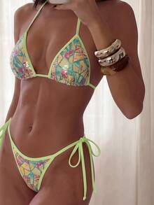 Costavie 2pcs Spring/Summer Vacation Sequin Textured Fabric Halter Triangle Bikini Top And Side Tie Bikini Bottom Sexy Women's Swimwear Set - Mint Green - View 2