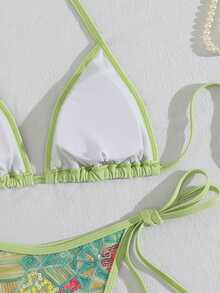 Costavie 2pcs Spring/Summer Vacation Sequin Textured Fabric Halter Triangle Bikini Top And Side Tie Bikini Bottom Sexy Women's Swimwear Set - Mint Green - View 5