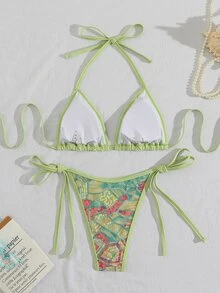 Costavie 2pcs Spring/Summer Vacation Sequin Textured Fabric Halter Triangle Bikini Top And Side Tie Bikini Bottom Sexy Women's Swimwear Set - Mint Green - View 4