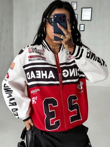DRPCRD 女款與男款秋冬街頭風休閒運動賽車手出門穿搭圖案拉鍊式寬鬆長袖棒球衫賽車夾克 - 彩色 - 查看 1