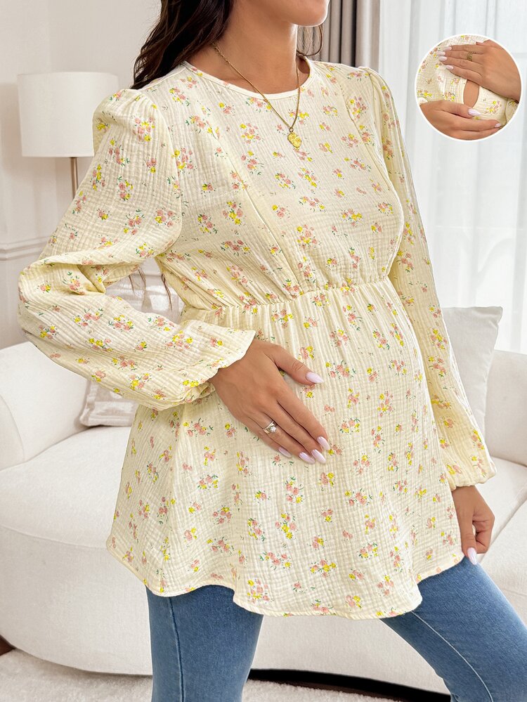 SHEIN Women's All-Over Print Nursing Function Casual Daily Long Sleeve Top - Apricot - View 3