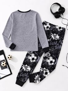 SHEIN 2pcs Kids Tween Boy Casual Daily Comfortable Printed Game Console & Headphone Pattern Crew Neck Pullover Pajama Top & Long Pants Knit Loungewear Tight Set - Grey - View 2