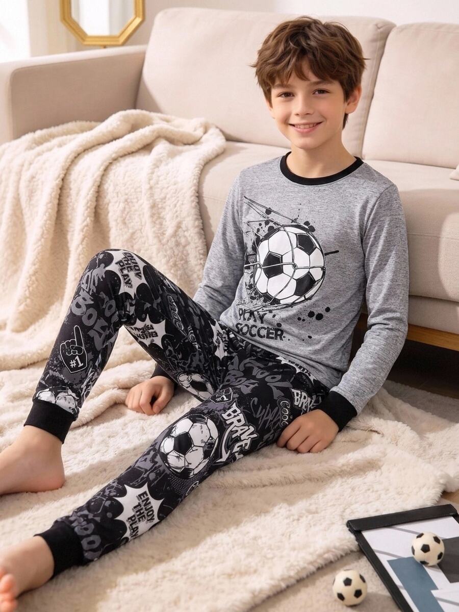 SHEIN 2pcs Kids Tween Boy Casual Daily Comfortable Printed Game Console & Headphone Pattern Crew Neck Pullover Pajama Top & Long Pants Knit Loungewear Tight Set - Grey - View 1