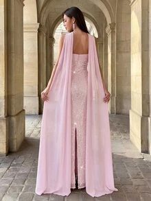 Firerie 夏季風格 優雅設計 性感深V領 粉色 垂領蝴蝶結 3D抓褶魚尾洋裝 派對婚禮穿著 時髦優雅 - 淺粉色 - 查看 3