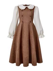 Vintage Caramel Brown Girls' Corduroy 2 In 1 Dress With Ruffle Hem Fall Peter Pan Collar Puff Sleeves Double-Breasted Waist A-Line Skirt Suitable For - Multicolor - View 3