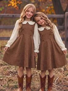 Vintage Caramel Brown Girls' Corduroy 2 In 1 Dress With Ruffle Hem Fall Peter Pan Collar Puff Sleeves Double-Breasted Waist A-Line Skirt Suitable For - Multicolor - View 1