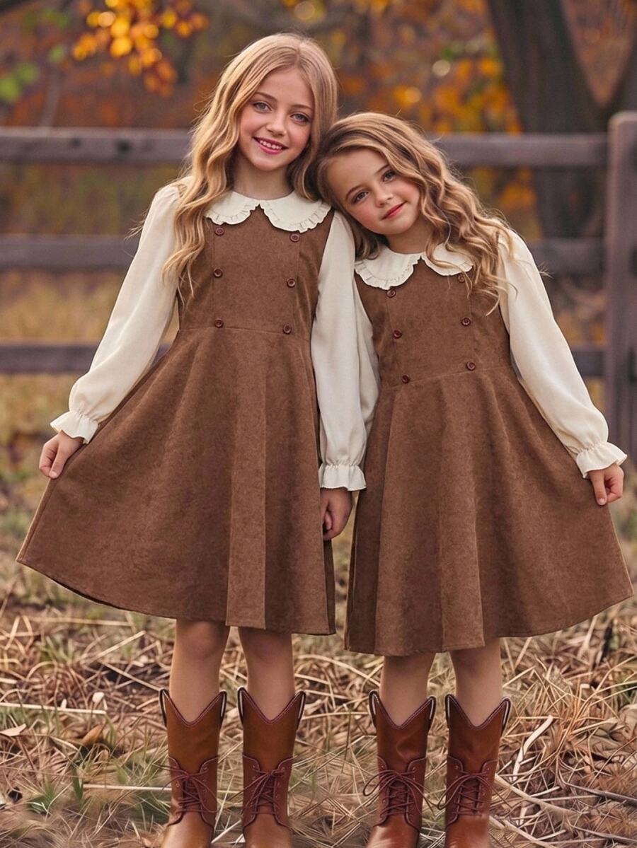 Vintage Caramel Brown Girls' Corduroy 2 In 1 Dress With Ruffle Hem Fall Peter Pan Collar Puff Sleeves Double-Breasted Waist A-Line Skirt Suitable For - Multicolor - View 1
