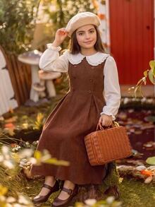Vintage Caramel Brown Girls' Corduroy 2 In 1 Dress With Ruffle Hem Fall Peter Pan Collar Puff Sleeves Double-Breasted Waist A-Line Skirt Suitable For - Multicolor - View 5
