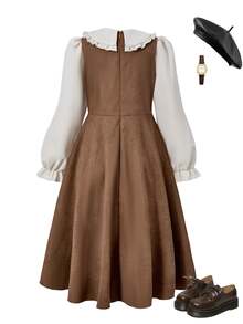 Vintage Caramel Brown Girls' Corduroy 2 In 1 Dress With Ruffle Hem Fall Peter Pan Collar Puff Sleeves Double-Breasted Waist A-Line Skirt Suitable For - Multicolor - View 2