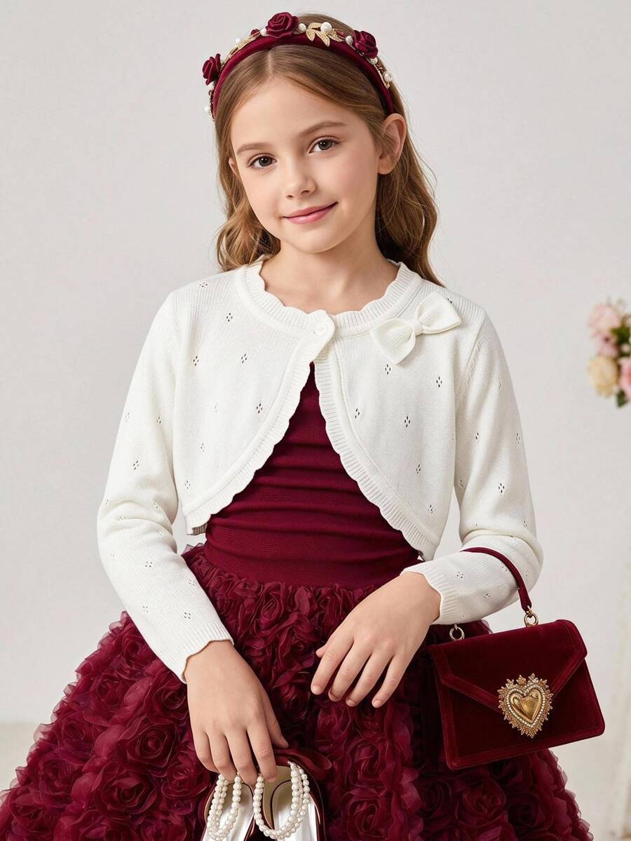 SHEIN Elladie kids Tween Girls Bow Decor Casual Cropped Bolero Shrug Cardigan Minimalist Cute Pointelle Knit Open Front Sweater For Party School Fall Winter Clothes - White - View 1