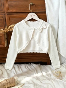 SHEIN Elladie kids Tween Girls Bow Decor Casual Cropped Bolero Shrug Cardigan Minimalist Cute Pointelle Knit Open Front Sweater For Party School Fall Winter Clothes - White - View 2