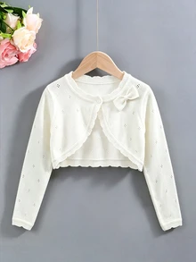 SHEIN Elladie kids Tween Girls Bow Decor Casual Cropped Bolero Shrug Cardigan Minimalist Cute Pointelle Knit Open Front Sweater For Party School Fall Winter Clothes - White - View 8