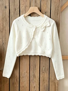 SHEIN Elladie kids Tween Girls Bow Decor Casual Cropped Bolero Shrug Cardigan Minimalist Cute Pointelle Knit Open Front Sweater For Party School Fall Winter Clothes - White - View 5