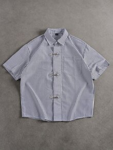 Manfinity CasualCool 男士海軍藍與白色短袖襯衫，高端鈕扣式襯衫，適合正式或休閒街頭穿搭場合，度假、辦公室、夏季 - 彩色 - 查看 1