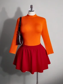 SHEIN ICON Plus Size Women's Halloween Costume, Velma Cosplay Outfit Jumpsuit & Skirt 2pcs Set With Pockets - Multicolor - View 12