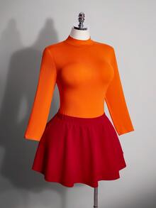 SHEIN ICON Plus Size Women's Halloween Costume, Velma Cosplay Outfit Jumpsuit & Skirt 2pcs Set With Pockets - Multicolor - View 7