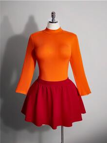 SHEIN ICON Plus Size Women's Halloween Costume, Velma Cosplay Outfit Jumpsuit & Skirt 2pcs Set With Pockets - Multicolor - View 4