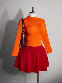 SHEIN ICON Plus Size Women's Halloween Costume, Velma Cosplay Outfit Jumpsuit & Skirt 2pcs Set With Pockets - Multicolor - View 6