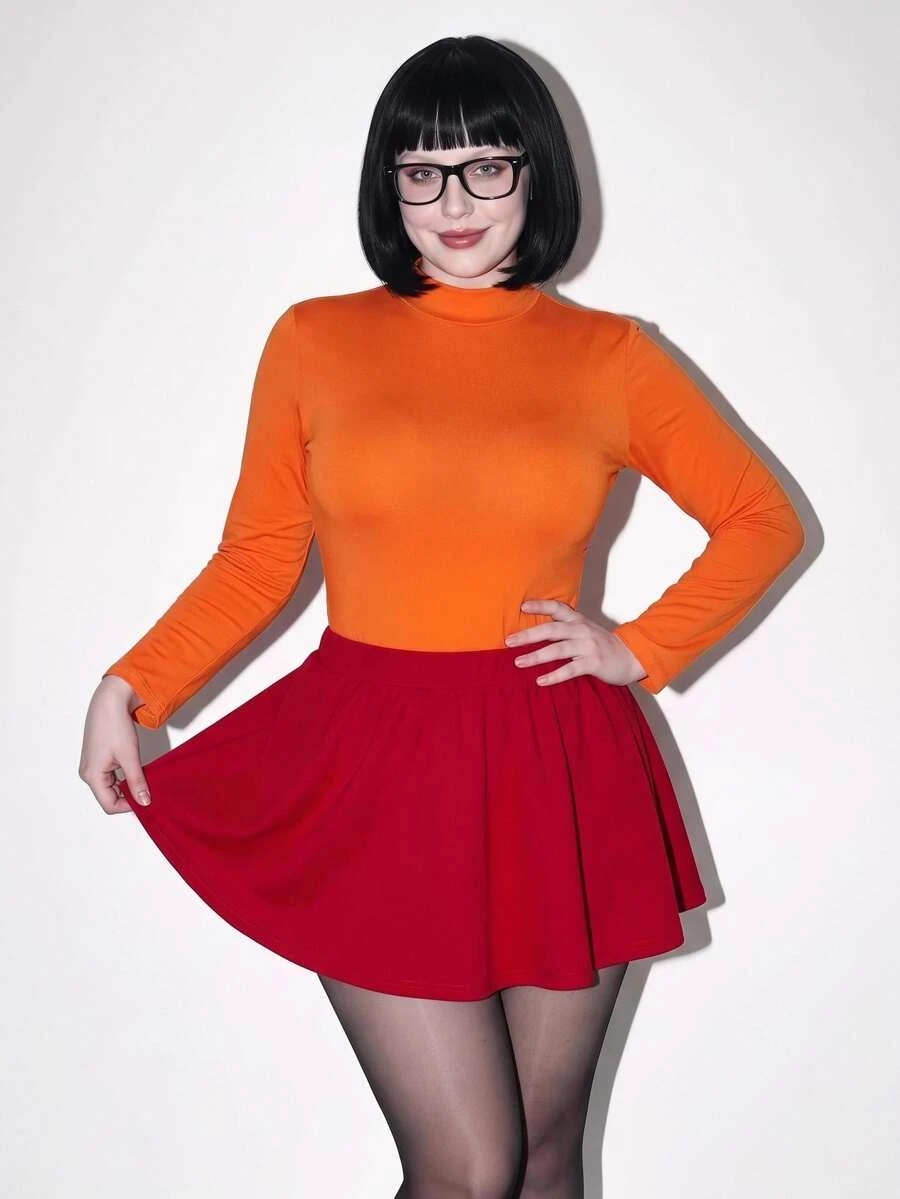 SHEIN ICON Plus Size Women's Halloween Costume, Velma Cosplay Outfit Jumpsuit & Skirt 2pcs Set With Pockets - Multicolor - View 1
