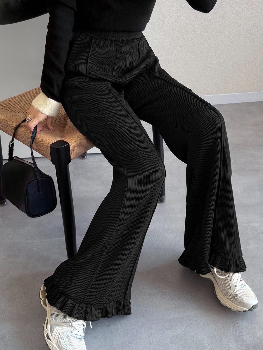 FRIFUL Women's Casual Solid Color Ruffle Hem Pants Work Beach Vacation Formal Everyday Work Daily Plain Black Fall Formal Night Out - Black - View 1