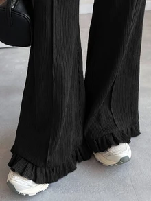 FRIFUL Women's Casual Solid Color Ruffle Hem Pants Work Beach Vacation Formal Everyday Work Daily Plain Black Fall Formal Night Out - Black - View 5