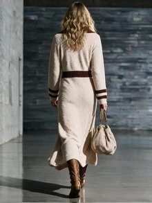 Omancia Elegant Polo Collar Long Sleeve Women's Sweater Dress - Khaki - View 2