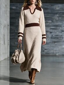 Omancia Elegant Polo Collar Long Sleeve Women's Sweater Dress - Khaki - View 3