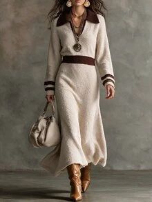 Omancia Elegant Polo Collar Long Sleeve Women's Sweater Dress - Khaki - View 1