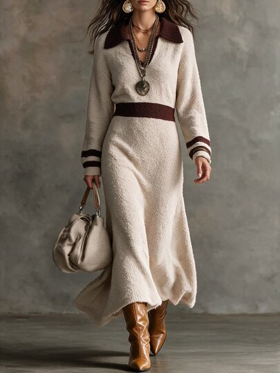Omancia Elegant Polo Collar Long Sleeve Women's Sweater Dress
