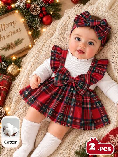 SHEIN 2pcs Baby Girls Plaid Suspender Dress Cute Sweet Red White Big Bow Ruffle Ribbed Long Sleeve Mock Neck Christmas Winter Holiday Fall Matching Headband