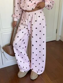 CovetEZ 女款夏季極簡波點印花前綁帶寬鬆運動褲，休閒日常穿著，適合畢業季、教師節、返校季 - 粉色 - 查看 4