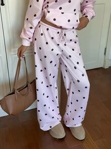 CovetEZ 女款夏季極簡波點印花前綁帶寬鬆運動褲，休閒日常穿著，適合畢業季、教師節、返校季 - 粉色 - 查看 6