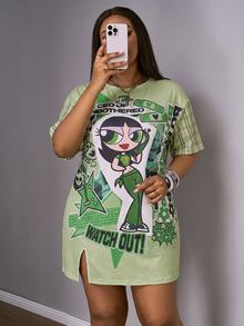 Slaydiva THE POWERPUFF GIRLS X SHEIN Plus Size Cartoon Print Dress, Suitable For Outings, Streetwear, Y2K - Multicolor - View 5