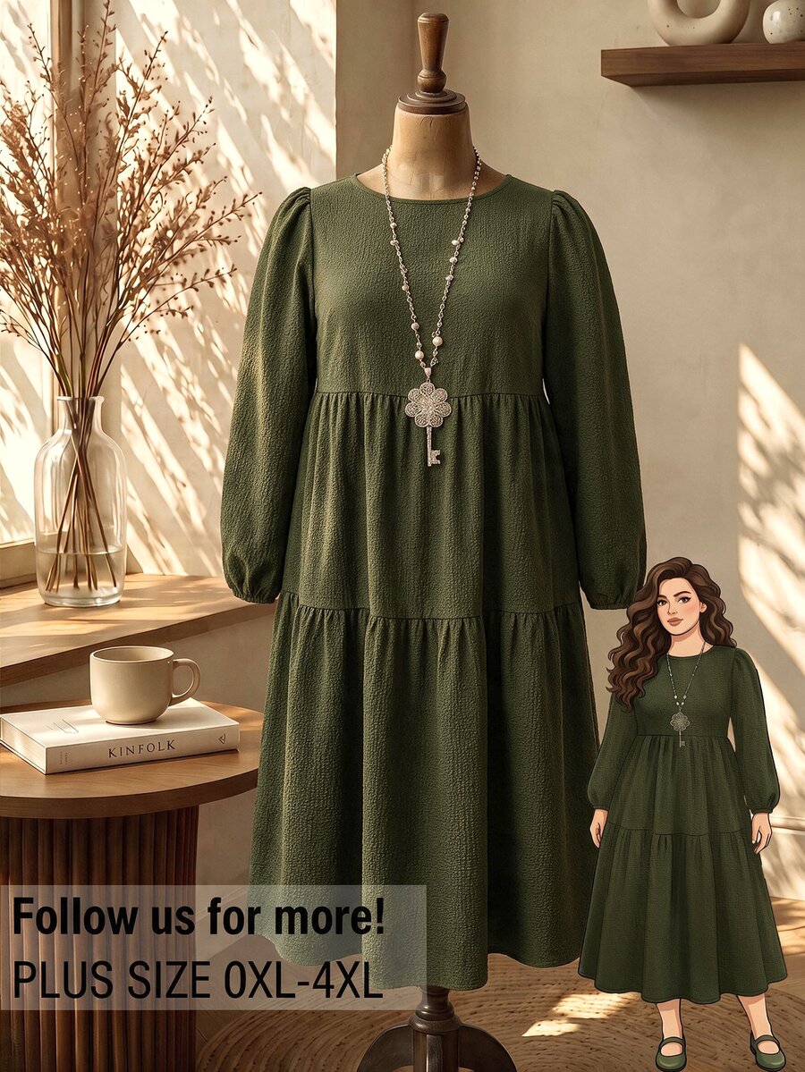Rusticease Plus Size Women's Solid Color Round Neck Long Sleeve Casual Dress - Army Green - View 1