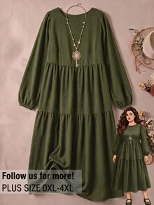 Rusticease Plus Size Women's Solid Color Round Neck Long Sleeve Casual Dress - Army Green - View 3