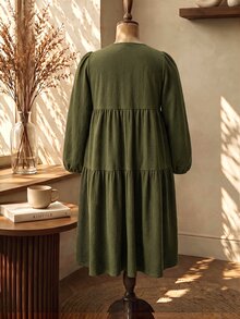 Rusticease Plus Size Women's Solid Color Round Neck Long Sleeve Casual Dress - Army Green - View 2