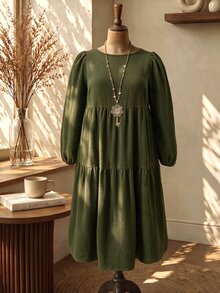 Rusticease Plus Size Women's Solid Color Round Neck Long Sleeve Casual Dress - Army Green - View 8